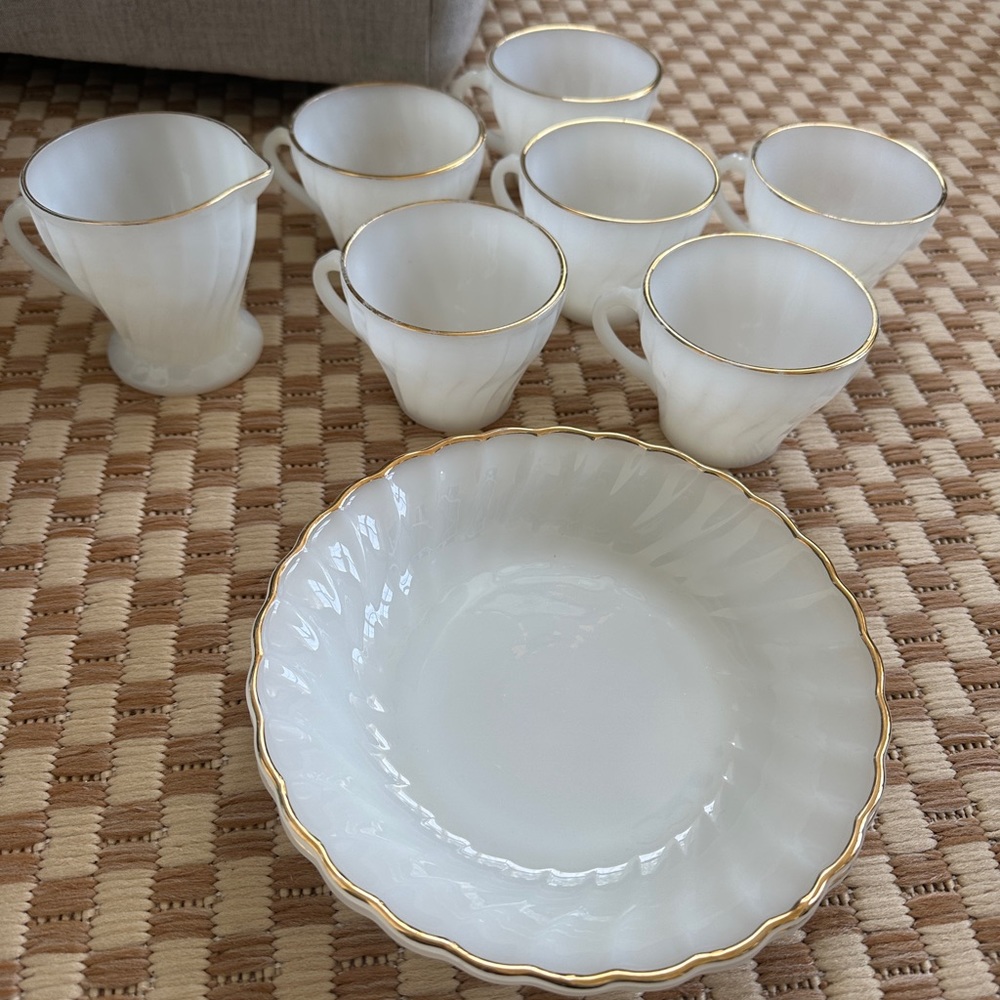 Vintage Anchor Hocking Milk Glass Tea Cup, Plates and Creamer Set